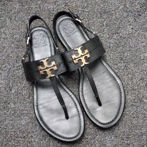 Tory Burch "Eleanor" T-Strap Black Leather Sandals